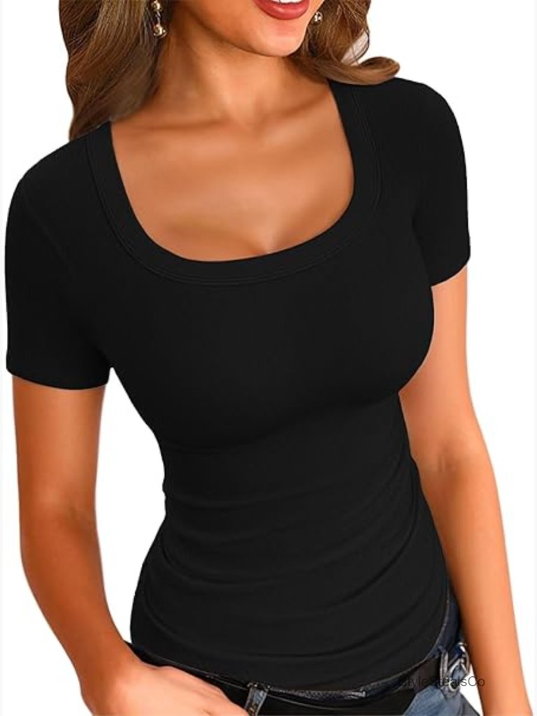 Ribbed Knit Square Neck Slim Fitted Short Sleeve Tee